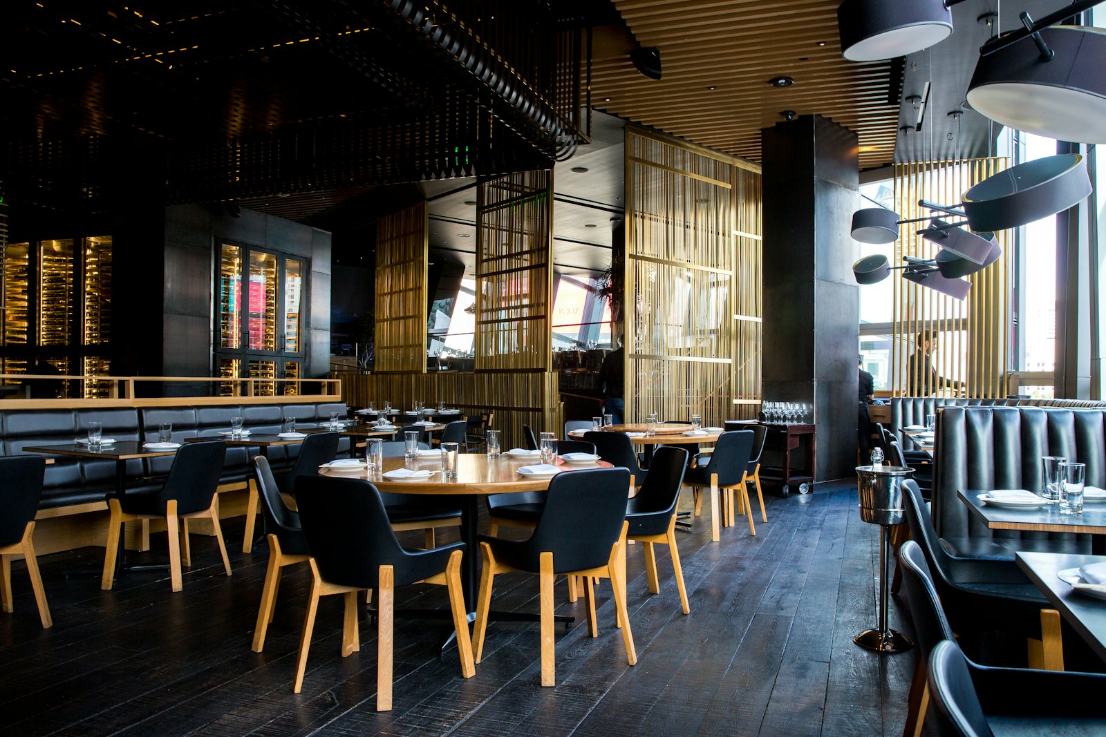 Restaurant dining room with warm lighting
